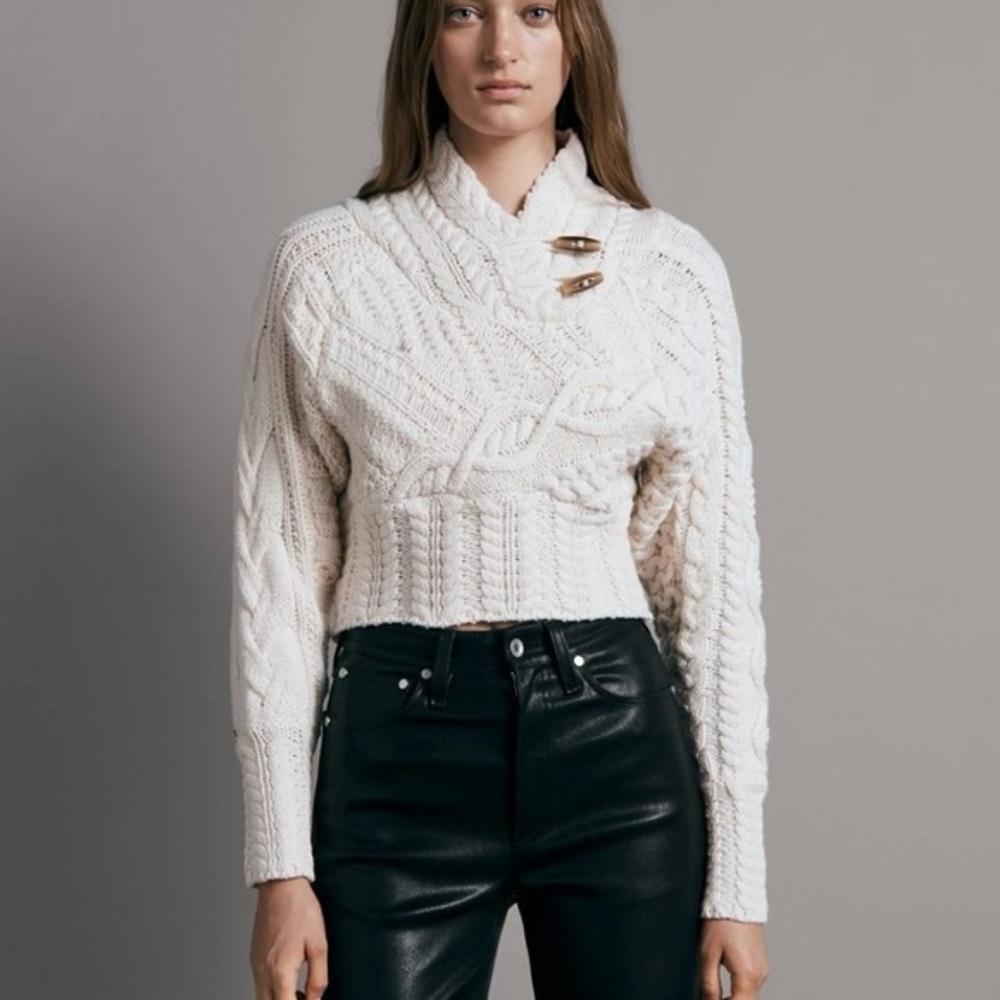 Rag & Bone Reece Fisherman 100% Wool Shawl Cropped Sweater Ivory XS